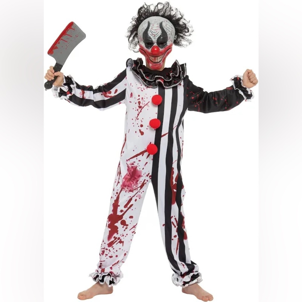 Creepy Blood-Splatter Clown Kids Halloween Costume - White & Black